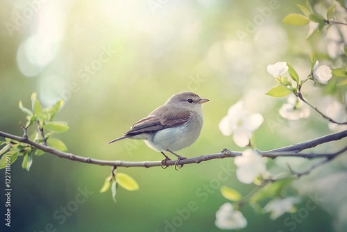 Small bird perched on a branch surrounded by blooming flowers in a serene, natural setting