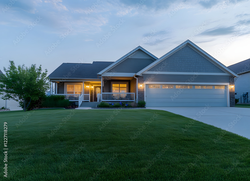 Obraz premium A beautiful home exterior with a large front yard and a garage at dusk
