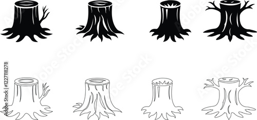 Tree stump icon set.High quality black style icon,lumber industry material silhouette,cut trees structure textured.Tree Stump illustration sign collection. Wood symbol or logo,vector illustration.