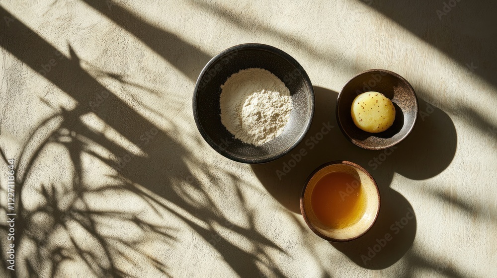 Sunlit ingredients in bowls: Flour, potato, and oil, ready for cooking on textured surface Sunlit ingredients in bowls: Flour, potato, and oil, ready for cooking on textured surface