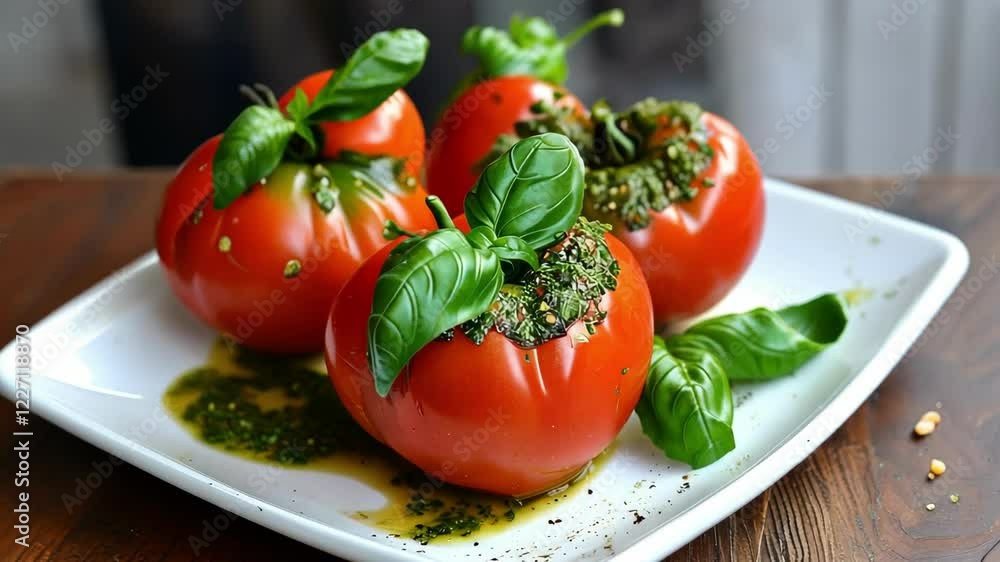 Fresh tomatoes with basil on a white plate, drizzled with pesto Fresh tomatoes with basil on a white plate, drizzled with pesto