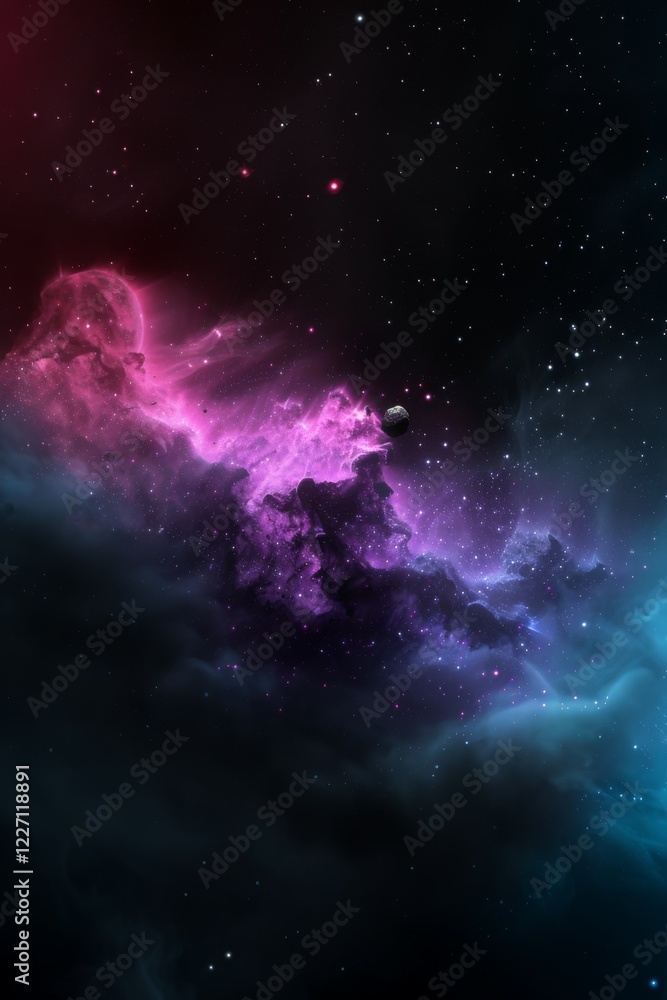 Fototapeta premium Vibrant nebula gas clouds, glowing in shades of purple and pink. Nebulae, galaxies in space. Abstract cosmos background.