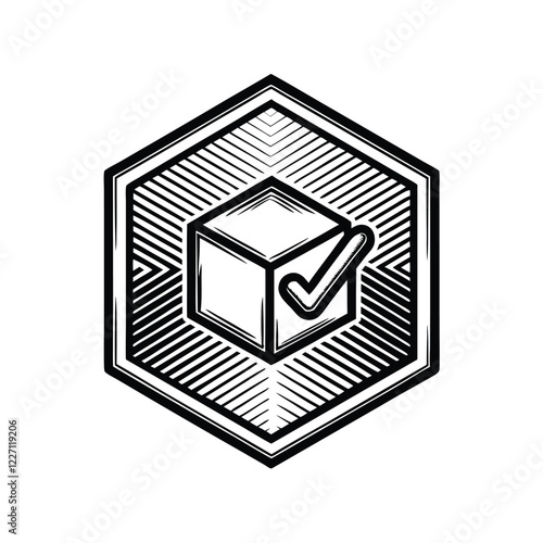 Design a modern hexagon logo incorporating a prominent checkmark and a stylized package icon, conveying reliability and secure delivery.