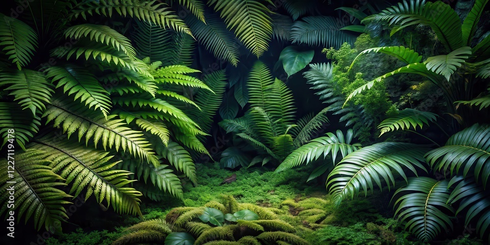 Fototapeta premium Dark Forest Floor With Exotic Leafy Ferns And Moss, tropical plants, dark forest, tropical plants