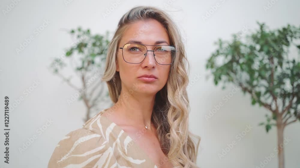 Woman with long blonde hair in eyeglasses, appearing thoughtful while talking. Beautiful woman in casual attire having conversation against wall, conveying candid and engaging concept Woman with long blonde hair in eyeglasses, appearing thoughtful while talking. Beautiful woman in casual attire having conversation against wall, conveying candid and engaging concept