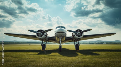 Vintage twin-engine plane on airfield, sunny day, mountains background; travel poster
