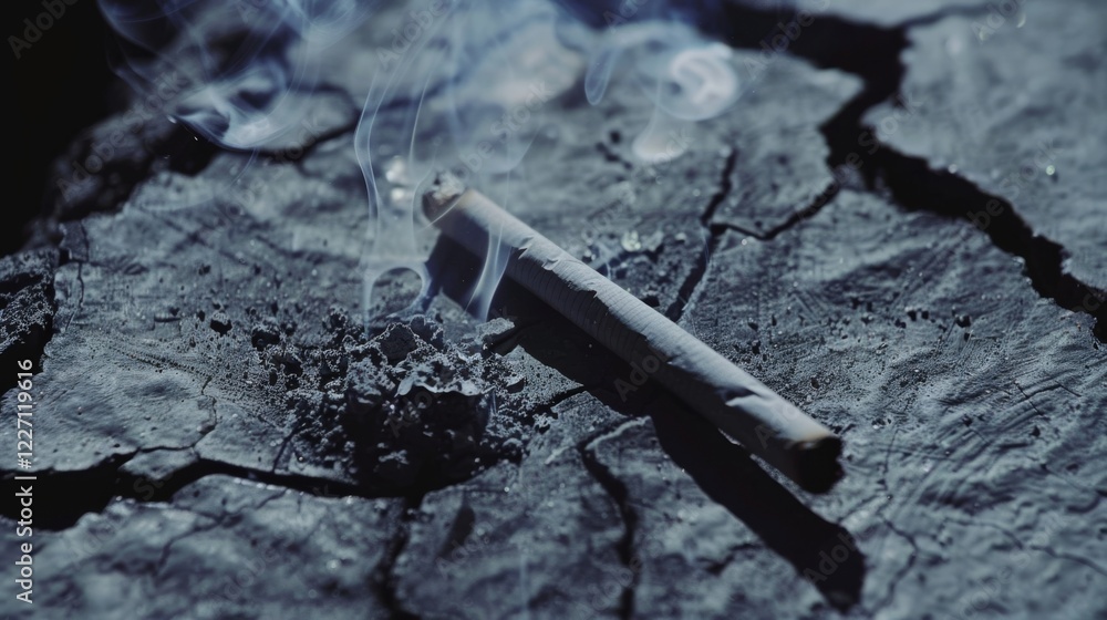 Smoking Cigarette on Dark Cracked Surface with Smoke Swirls Smoking Cigarette on Dark Cracked Surface with Smoke Swirls