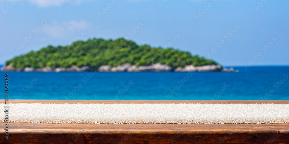 Fototapeta premium Wooden Table with White Beads and Ocean View.