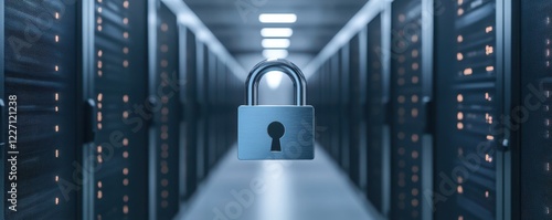 Modern Data Center with Floating Padlock Symbol Representing Strong Digital Safety Protocols in Gigapixel Standard V2 4x Technology Environment photo