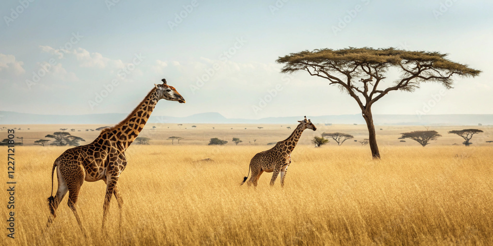 Obraz premium majestic giraffes wandering through the golden savannah under a bright sky, surrounded by iconic acacia trees in their natural habitat