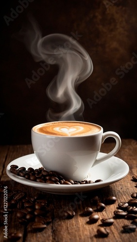 White cup of freshly brewed capuccino coffee with a heart-shaped latte-art, cloud of steam and coffee grains on a dark rustic background. Beautiful drinks beverages photography illustration concept. 