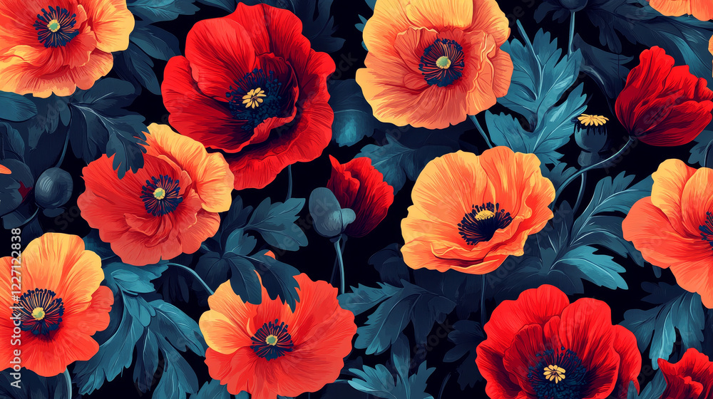 Spring flower seamless pattern background. Springtime floral pattern of blooming red poppy flowers. Spring holidays greeting card, textile or wallpaper design Spring flower seamless pattern background. Springtime floral pattern of blooming red poppy flowers. Spring holidays greeting card, textile or wallpaper design