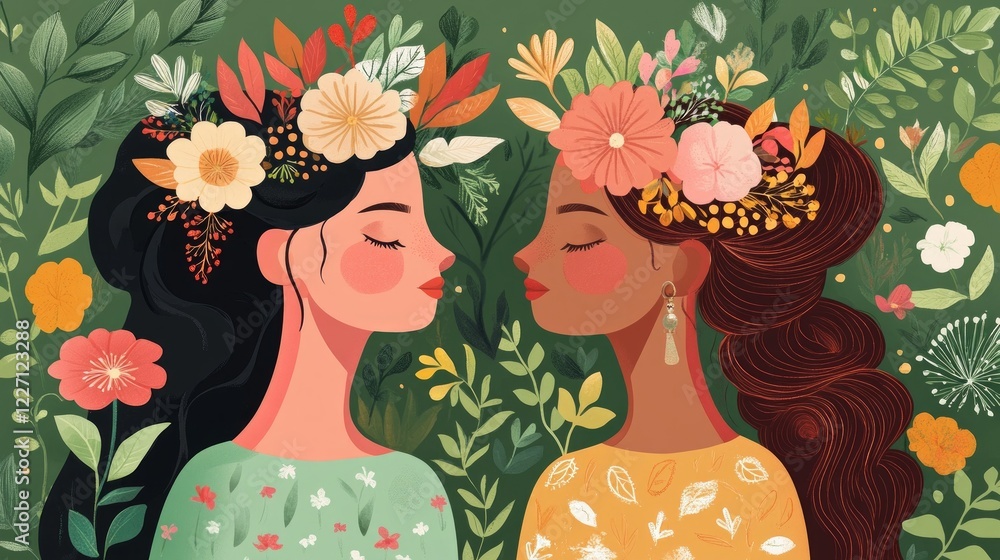 Two women, one with dark and one with brown hair, adorned with flower crowns, face each other amidst lush green foliage. A serene moment. Two women, one with dark and one with brown hair, adorned with flower crowns, face each other amidst lush green foliage. A serene moment.