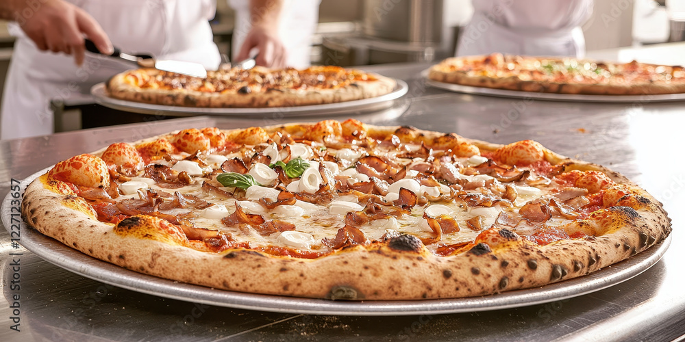Foodie workshops, Fresh pizza with pepperoni on wooden board in rustic pizzeria Foodie workshops, Fresh pizza with pepperoni on wooden board in rustic pizzeria