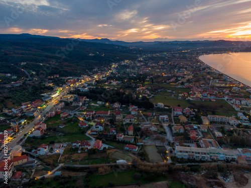 aerial view of a small villlage of acharavi  by night in north corfu,Greece photo