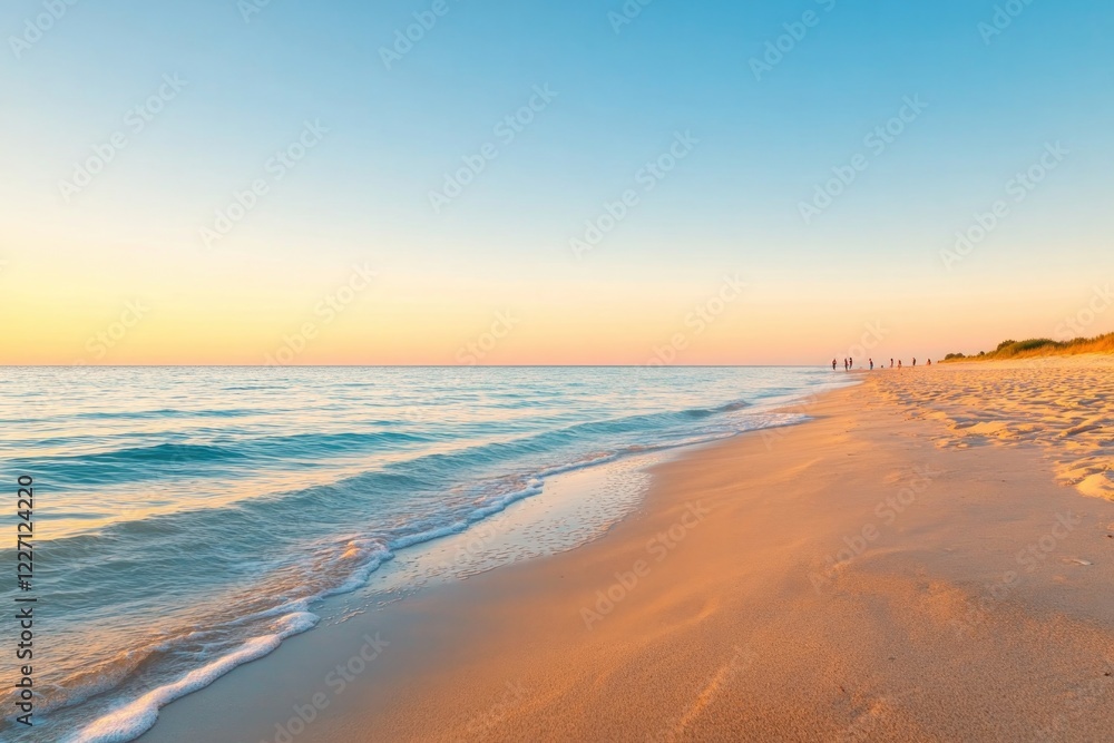 golden hour on serene beach with calm waves and soft sand underfoot golden hour on serene beach with calm waves and soft sand underfoot