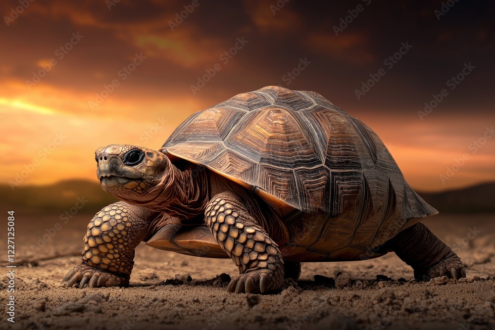 Fototapeta premium A tortoise walks across a sandy landscape at sunset, showcasing its textured shell and natural beauty against a dramatic sky.