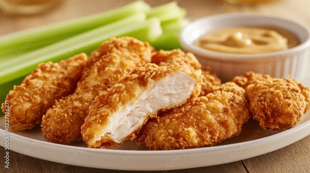 A delicious plate of crispy chicken tenders with a golden breading, served with a side of honey mustard dipping sauce and a few celery sticks, Chicken tenders centered A delicious plate of crispy chicken tenders with a golden breading, served with a side of honey mustard dipping sauce and a few celery sticks, Chicken tenders centered