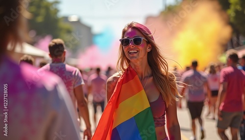 Joyful woman with rainbow flag smiling at vibrant Holi festival, celebration of diversity photo