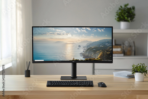 Modern workspace with a computer monitor displaying a coastal landscape, featuring a desk, keyboard, and plants photo