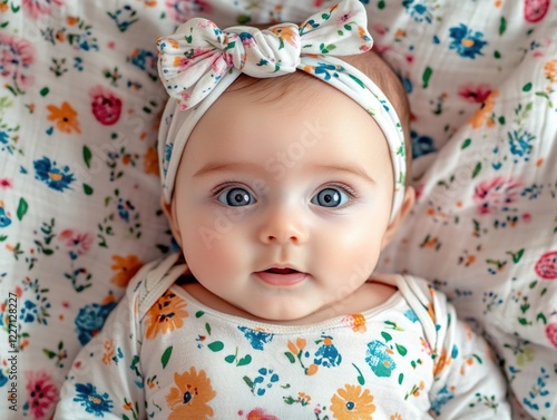 Sweet baby with blue eyes smiling at the camera. Wearing a pink bow headband. photo