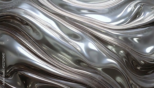 Silver monochromatic texture of waves. Liquid metal texture. Quicksilver flow of metalic fluid. Metal curves of silver and quicksilver stream