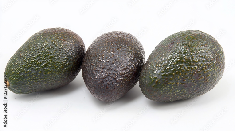Three Whole Avocados in a Row on White Background, Ready to Eat and Enjoy Three Whole Avocados in a Row on White Background, Ready to Eat and Enjoy