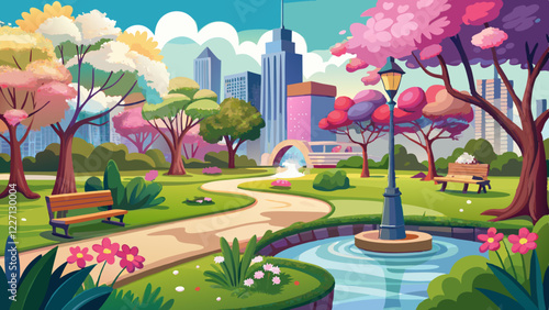 Beautiful city park with vibrant blooming trees, a fountain, benches, and a winding pathway surrounded by greenery and flowers, set against a modern urban skyline under a clear blue sky