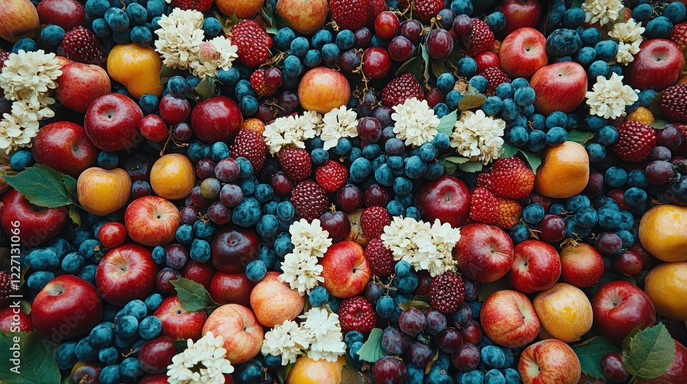 Colorful fruit and flower arrangement.
