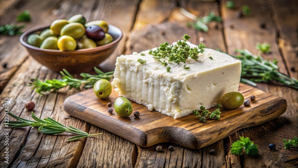 Crumbly white Greek cheese feta sits atop a rustic wooden table surrounded by fresh thyme sprigs and brined olives, greek cuisine, intricate texture Crumbly white Greek cheese feta sits atop a rustic wooden table surrounded by fresh thyme sprigs and brined olives, greek cuisine, intricate texture