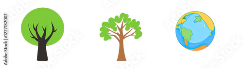 Diverse Colored Earth Day Icons. Globe Tree and Earth Energies Suitable for Rallies.. Isolated on a Transparent Background. Cutout PNG.