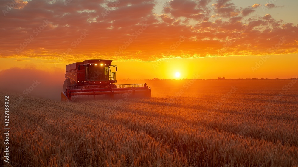 Fototapeta premium Combine harvester harvesting wheat at sunset. (2)