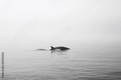 Serene black and white image of a dolphin swimming gracefully in calm waters with fog