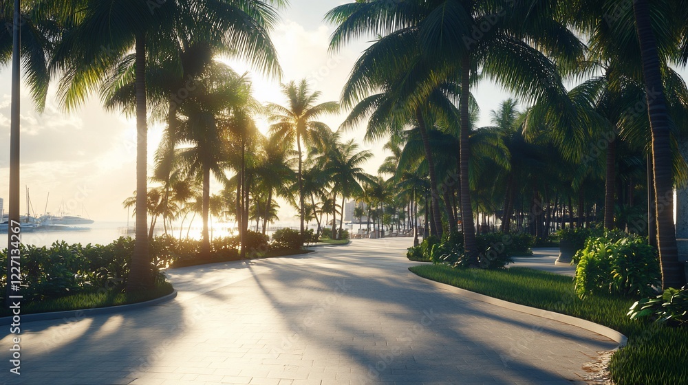Sunrise path, tropical beach walkway, palm trees, ocean view, vacation postcard Sunrise path, tropical beach walkway, palm trees, ocean view, vacation postcard