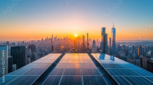 Captivating Sunset Over New York City with Solar Panels on Rooftops Showcasing Sustainable Energy Solutions
