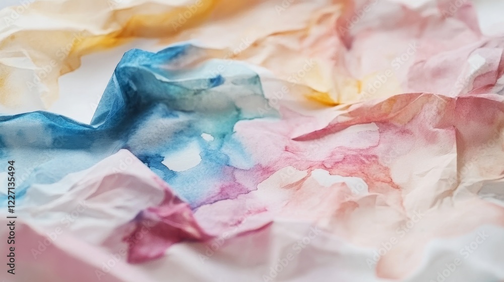 Abstract Watercolor Texture with Crumpled Paper in Soft Pastels