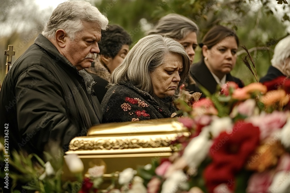Obraz premium Family members are expressing sorrow and paying their respects at a funeral, gathered around a gold casket adorned with flowers, creating a poignant scene of mourning and remembrance