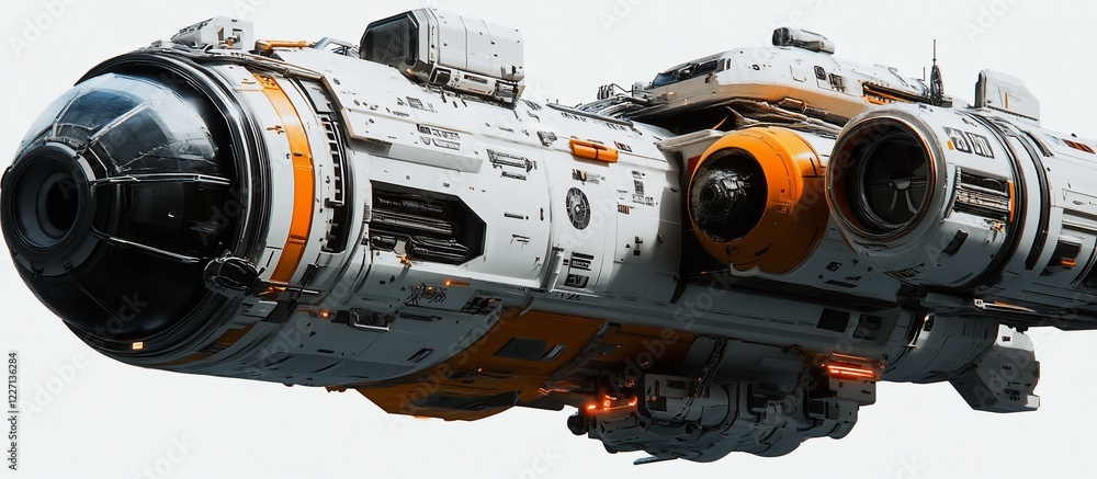 Spaceship flight, white orange design, space background, game asset Spaceship flight, white orange design, space background, game asset