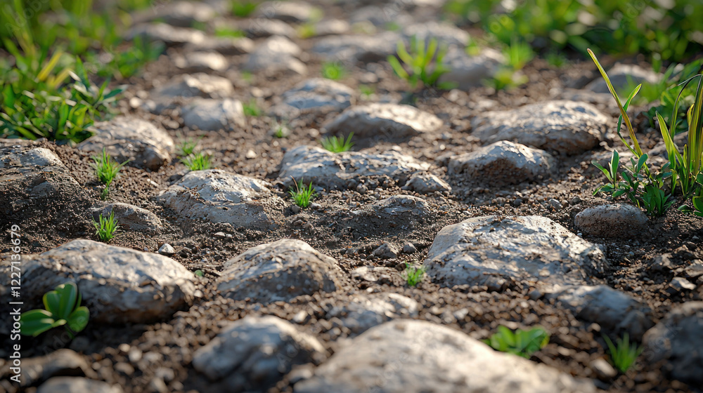 Stone path with grass, dirt, and sunlight. Ideal for backgrounds Stone path with grass, dirt, and sunlight. Ideal for backgrounds