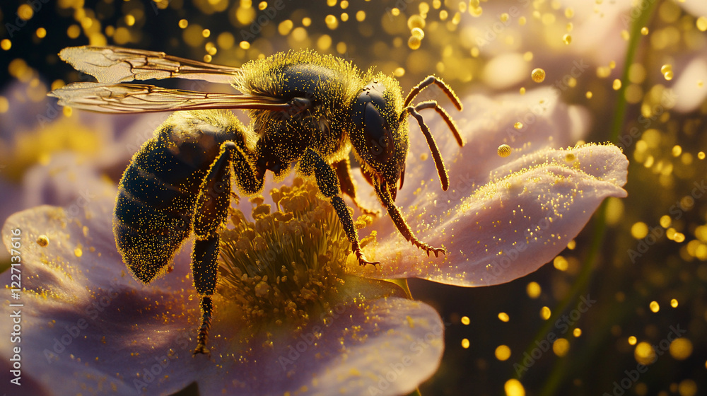 Fototapeta premium Busy bee collecting pollen from delicate primrose flower under warm sunlight in a tranquil garden setting. Generative AI