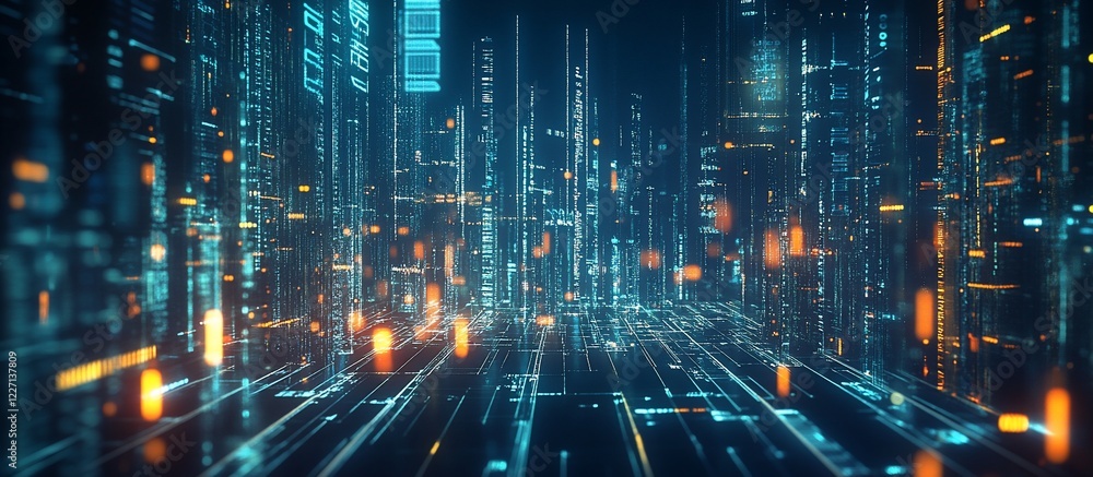 Digital Cityscape Data Streams Flowing, Futuristic Background Digital Cityscape Data Streams Flowing, Futuristic Background