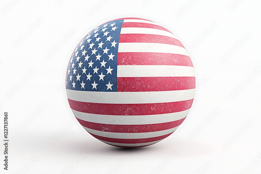 A spherical object features a design of the American flag, showcasing red, white, and blue colors in a textured finish. A spherical object features a design of the American flag, showcasing red, white, and blue colors in a textured finish.