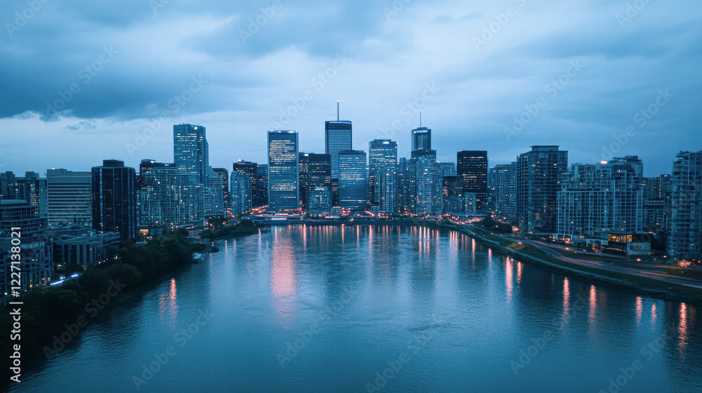 Obraz premium A city skyline is reflected in the water of a river