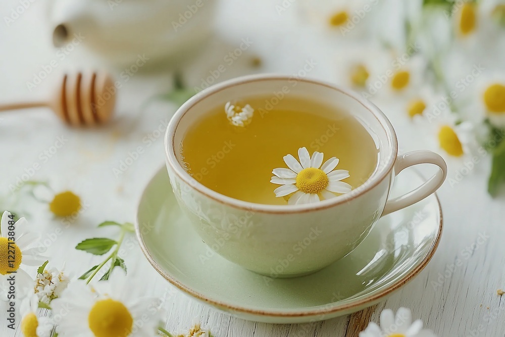 A serene cup of chamomile tea adorned with flowers, set on a rustic table surrounded by nature A serene cup of chamomile tea adorned with flowers, set on a rustic table surrounded by nature