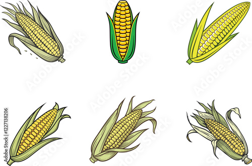 Agriculture themed Corn Illustrations. Collection of Yellow Corn Graphics Representing Harvest, Farming, and Fresh Produce for Design Projects.