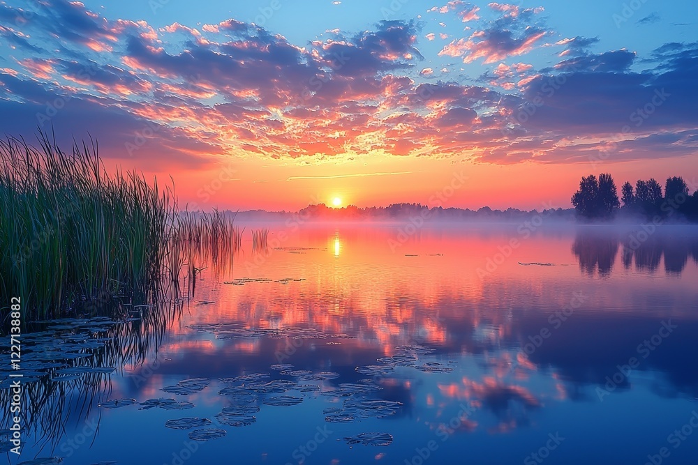 Obraz premium At dawn, in Mondfeld, Wertheim, Baden-Wurttemberg, Germany, the pastel hues of the sky are reflected on the mist-covered lake