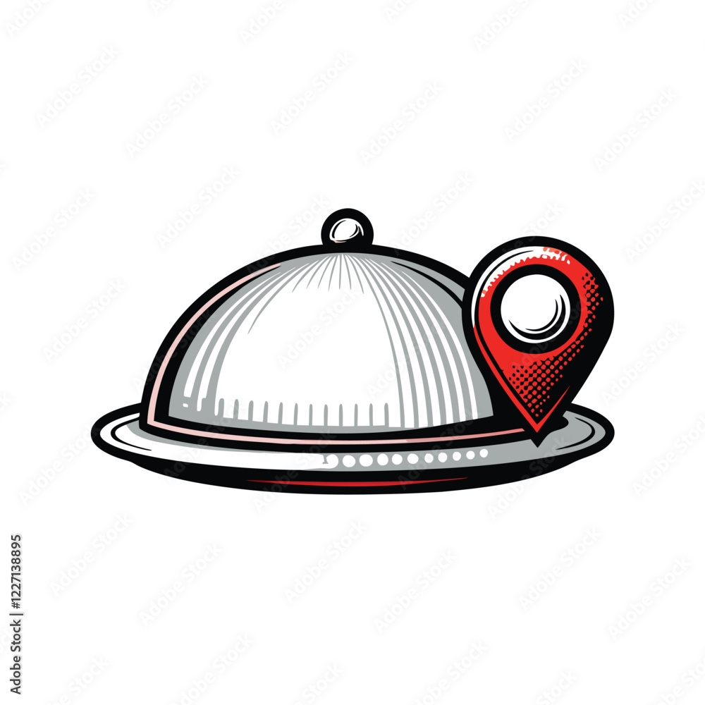 Obraz premium Design a minimalist icon a cloche (restaurant cover) overlaid with a GPS pin, symbolizing location-based food delivery service.