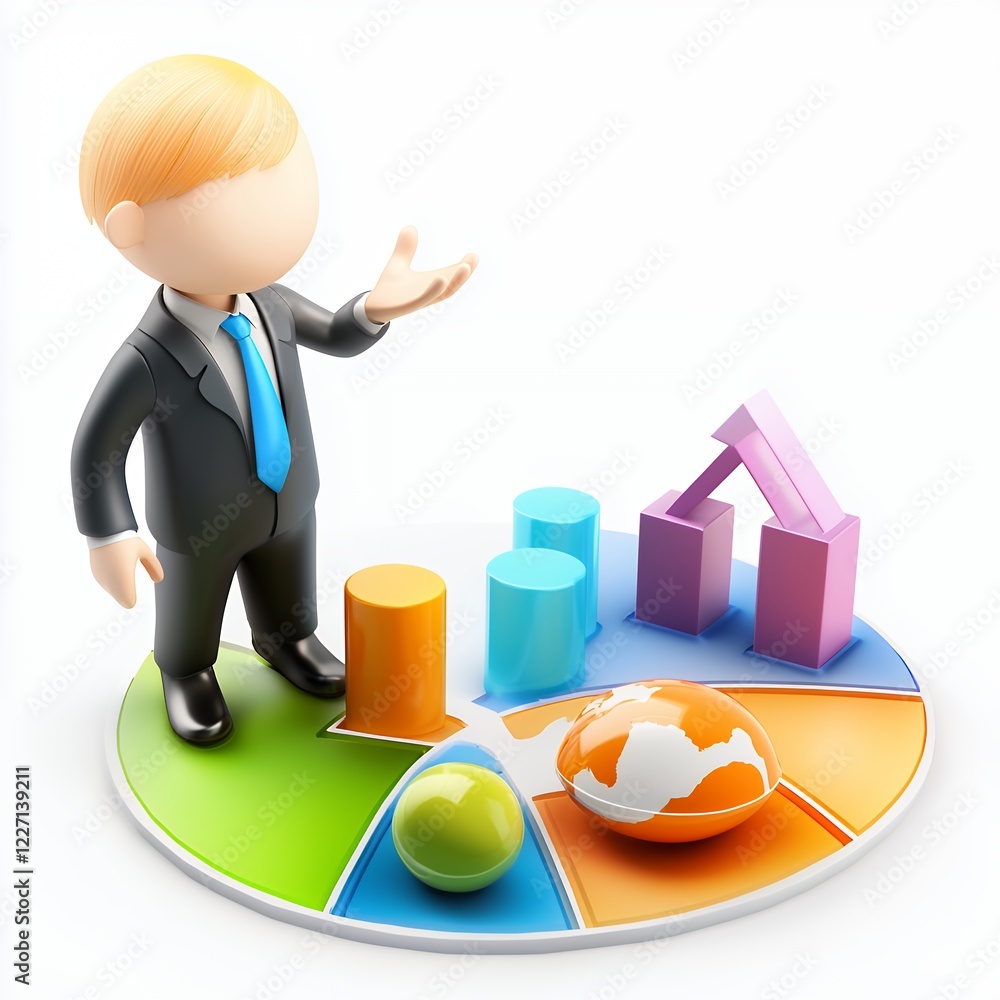 3D Businessman Presenting Colorful Pie Chart Data Visualization 3D Businessman Presenting Colorful Pie Chart Data Visualization