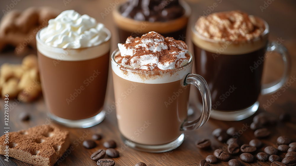 Various coffee and chocolate drinks with scattered coffee beans Various coffee and chocolate drinks with scattered coffee beans