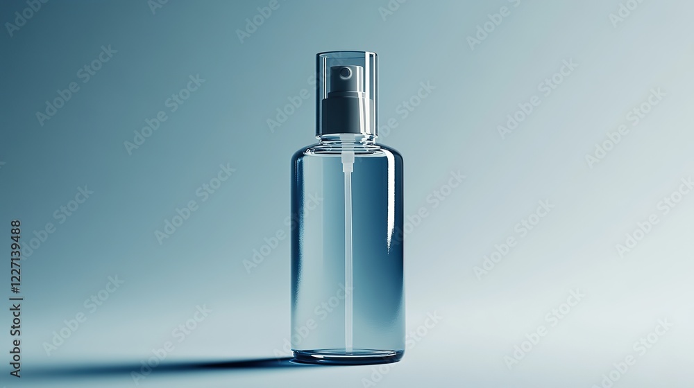 Design a 3D mockup of a deep cleansing oil bottle with a transparent and smooth finish. The bottle should be minimalist and modern with neutral background to focus on the product Design a 3D mockup of a deep cleansing oil bottle with a transparent and smooth finish. The bottle should be minimalist and modern with neutral background to focus on the product